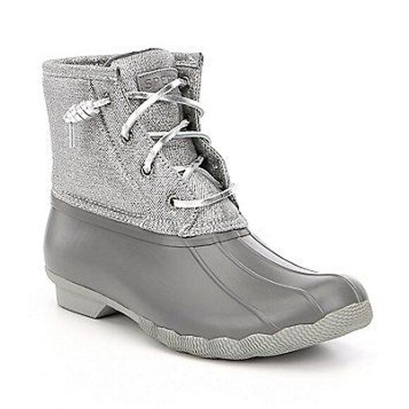 Sperry Saltwater Lace Up Rubber Duck Rain Boots Booties Gray Silver 5 - Picture 1 of 13